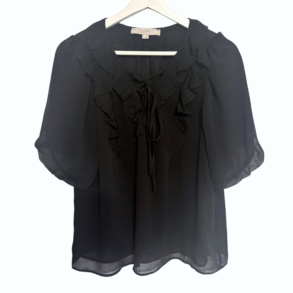 LOFT Blouse Ruffle Lace Up Medium Black Womens Boho Romantic Chiffon Top